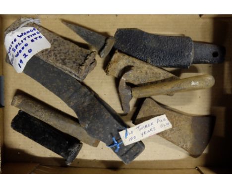 Box of Carpenter’s Tools – incl. 2 timber axes, 6 wood splitting wedges (1920 etc) & 1 hammer etc (9)