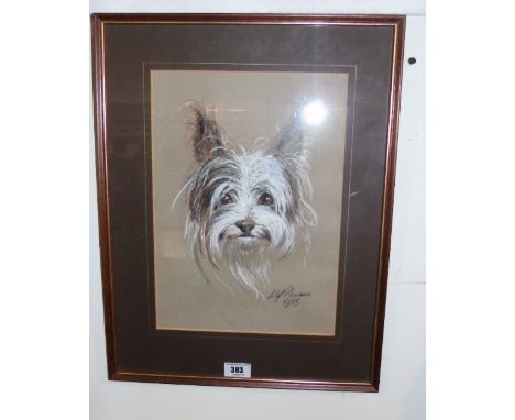 A Pastel Portrait of a Long Haired Terrier by Will Plowmann, signed and dated 1985.
