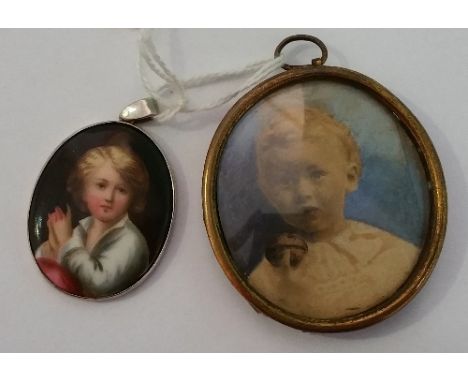 Two Portrait Pendants: One on Enamel in a Hallmarked Silver Mount, the other a watercolour mounted in gold metal (2).