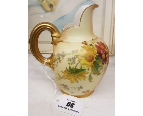 A Royal Worcester Blush Ivory Jug with gilt handle and floral design. Initialled B.M. Puce marks, Reg. 29115. No. 1094 (Med).