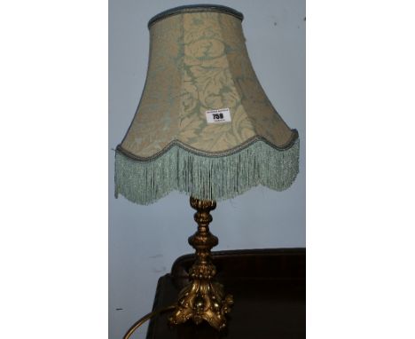 A Very Good Cast Brass Table Lamp, fitted with a green shade.