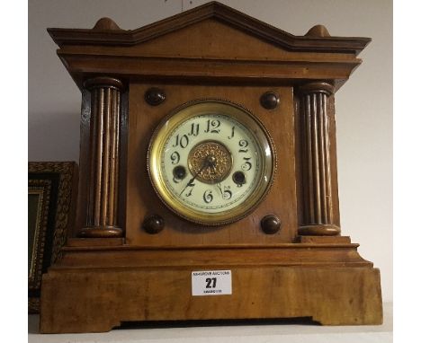 A Walnut Mantel Clock with Architectural Pillar Each Side (pendulum inside).