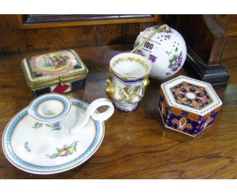 A Spode Chamberstick, along with a Royal Crown Derby box & lid in Imari colours (A. 1297), a Limoges urn shaped vase, all sma