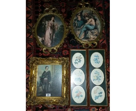A Pair of Old Master Metal Framed Prints, a modern oleograph of Bonnie Prince Charlie in an ornate gilt frame & a pair of flo