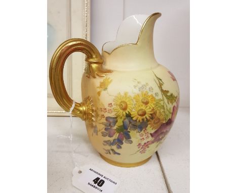A Royal Worcester Blush Ivory Jug with gilt handle and floral design. Initialled P.E. Puce marks, Reg. 29115. No. 1094. (Lge)