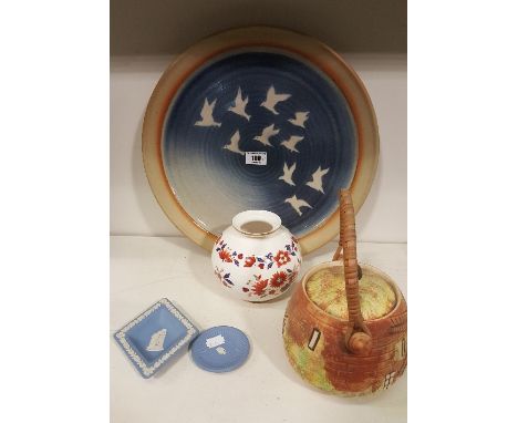 A Modern Spode Vase, together with a Price Bros. Cottage Ware biscuit barrell, a platter decorated with doves & two small Wed