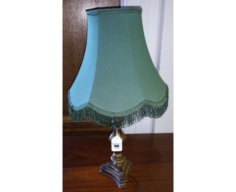 A Very Good Cast Brass Table Lamp, fitted with a green shade.