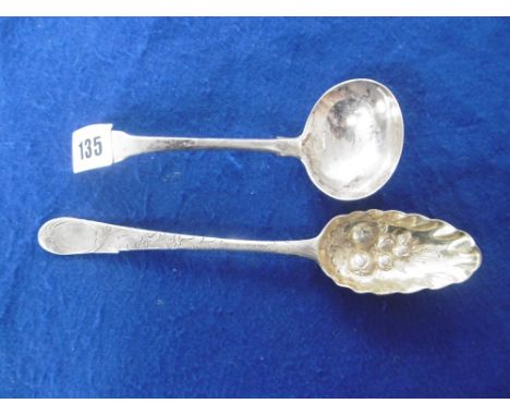 A GEORGE III PERIOD HM SILVER OLD ENGLISH PATTERN TABLE SPOON WITH LATER BERRY DECORATION, THOMAS CHAWNER 1778 AND A FIDDLE P