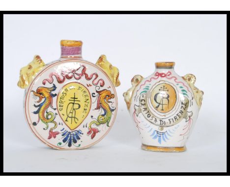 Two 20th Century Grand Tour faience continental Certosa Di Firenze ceramic bottles to include a moon flask decorated with han