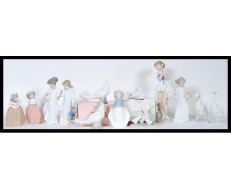 A collection of thirteen Nao by Lladro porcelain figurines to include five geese, one being boxed.&nbsp; A ballerina, boxed p