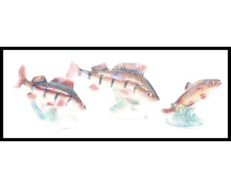 A group of three vintage retro 20th Century ceramic lustreware models of freshwater fish figures by Jema (Holland),&nbsp; imp
