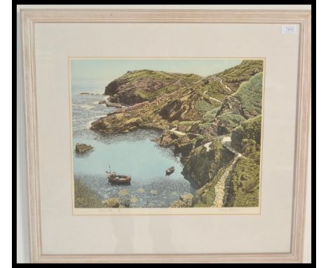 A 20th Century coloured print on paper entitled 'Banas Nose' depicting a coastal scene (possibly Cornwall) with fishing boats