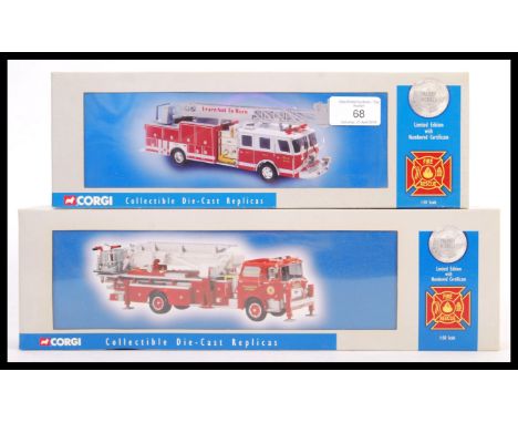 Two Corgi made precision diecast 1:50 scale fire engines - 54902 ' E-One 75Ft Ladder ' and US53803 ' Mack CF Tower '. Both ap