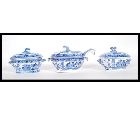 A set of three 19th Century Staffordshire blue and white tureens and covers of small proportion (children's ware), all being 