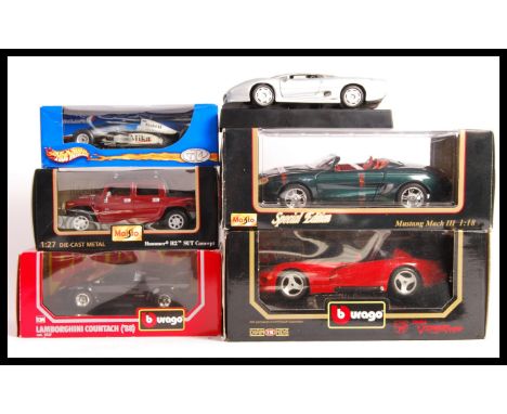 A collection of 6x assorted scale diecast model vehicles to include; 1:18 Bburago Dodge Viper, 1:18 Maisto Mustang Mach III, 