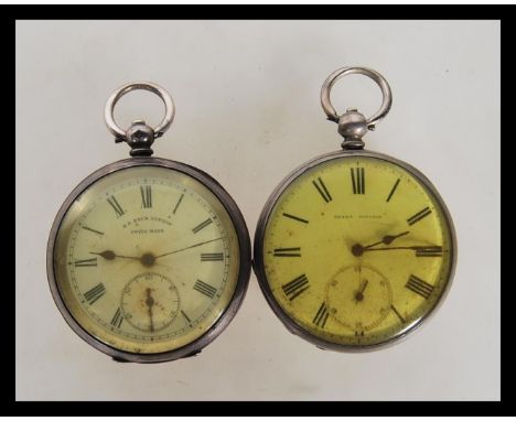 Two silver open face pocket watches, both having&nbsp;white enamelled dials with roman numerals to the chapter ring and&nbsp;