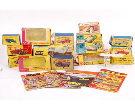 A collection of original vintage diecast model empty boxes to include Dinky Toys 324 Hay Rake, Corgi 393 Mercedes Benz 350SL,