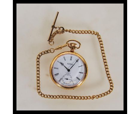 A 20th Century Roamer gold plated cased open face crown winder Incabloc pocket watch, the circular enamel dial set with Roman