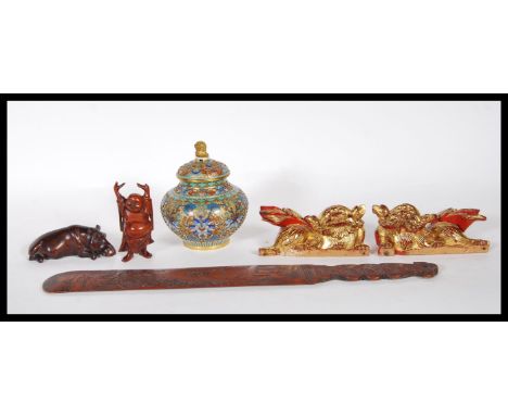 A group of 20th Century Chinese items to a&nbsp;cloisonne bulbous form lidded vase having scroll and floral decoration, with 