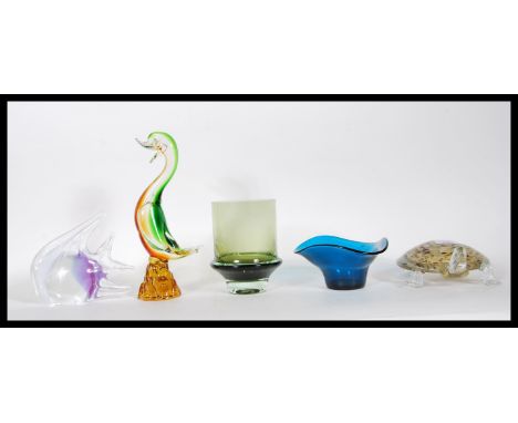 A collection of 20th Century studio glass to include murano duck, a tortoise mottled glass tortoise, tres foil blue glass bow