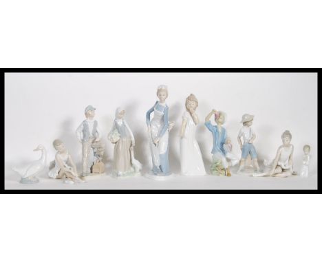 A group of ten 20th Century Spanish Nao ceramic figurines to include: ''So Shy'' , ''Seated Ballet'' , '' Turned duck'' , etc