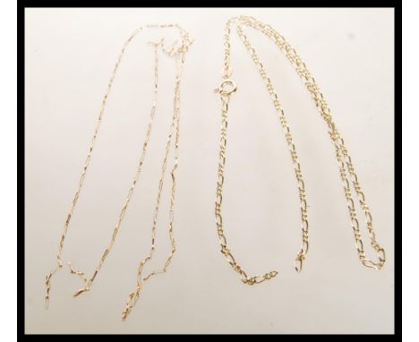 Two stamped 9ct gold fine necklace chains to include a figaro chain and a flat link chain on spring ring clasps. Weight 4.4g.