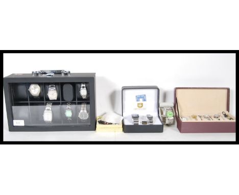 A collection of 20th Century watches and watch boxes to include, boxed his and hers Swiss line watches, Xanadu on a leather s