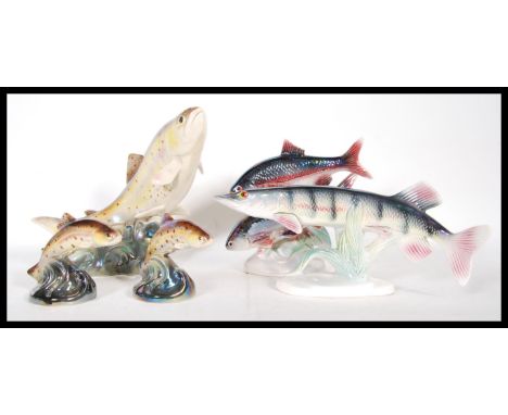 A vintage retro large 20th Century ceramic lustreware model of a Brown Trout (No 343) figure by Jema (Holland), together with