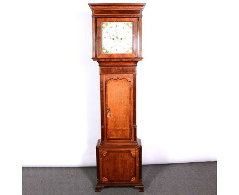 Oak and mahogany longcase clock, case with mahogany panels, shaped and cross-banded door, ogee bracket feet, square painted d