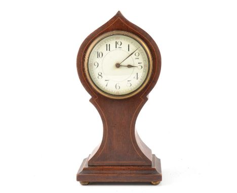 Edwardian mahogany lancet-shape mantel clock, with boxwood stringing, white enamel dial, key-wind French movement, 26cm.