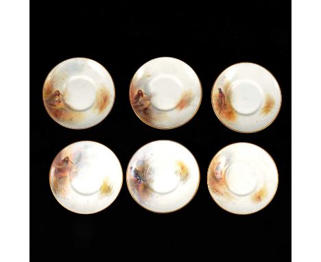 Six Royal Worcester coffee cans and saucers, hand painted and signed by James Stinton, including three snipe saucers, one phe