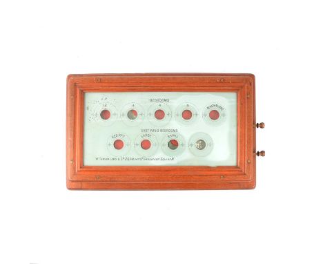 Master circuit board light switch panel, labelled W E Dove &amp; Co, Electrical Engineers, Darlington, with 14 brass switches