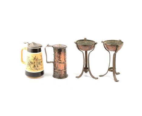 Pair of Arts &amp; crafts style metal pot pourri bowls, tripod legs, 23cm; small tankard, pierced copper plaque, and a small 