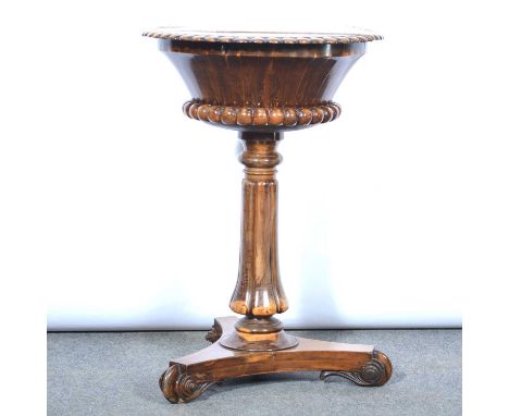 Colonial olive wood jardinière, circular hinged lid, beaded frieze, fluted column, tripod base with scrolled feet, diameter 5