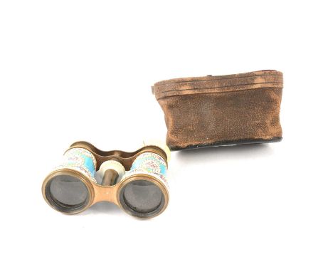 Pair of enamel opera glasses, porcelain mounts, leather case.