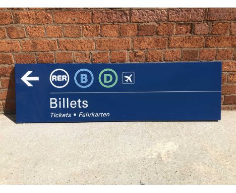 Original French railway station enamel directions sign 'RER B C Billets Tickets - Fahrkarten', blue ground, white text, flang