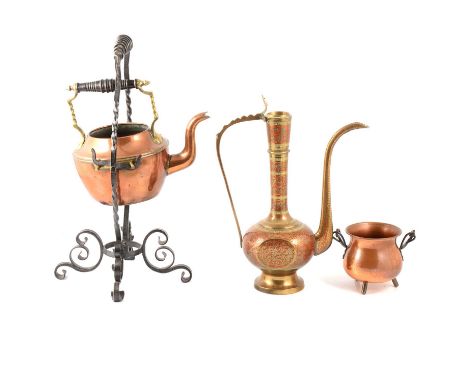 Quantity of copper, including a spirit kettle on a wrought iron stand, bugle, etc.