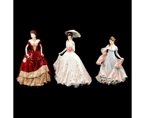 Seven bone china figurines, including Royal Worcester "The Garden Party"; Royal Doulton and Coalport, six boxed with certific