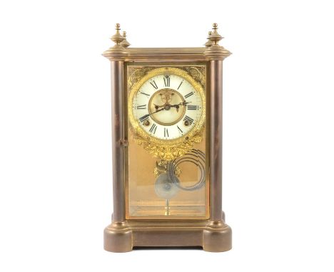 American brass-cased four-glass table clock, Ansonia Clock Co, New York, ivorine chapter ring with visible escapement, spring