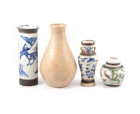 Four Chinese ceramic vessels, including a cylindrical vase painted with warriors at battle, 26cm; baluster form vase painted 