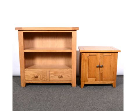 Contemporary light oak bookcase, fixed shelf above two drawers, width 91cm, depth 32cm, height 90cm, and a small cupboard wit