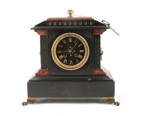 Victorian slate and variegated marble mantel clock, gilt metal mounted case, circular dial, cylinder movement striking on a b