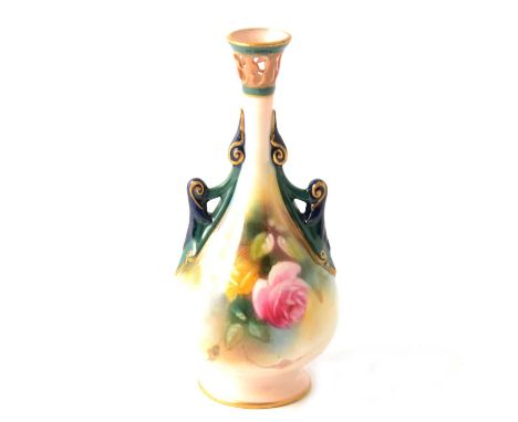 Royal Worcester miniature vase, painted with Hadley roses, reticulated neck, applied handles, 12cm.