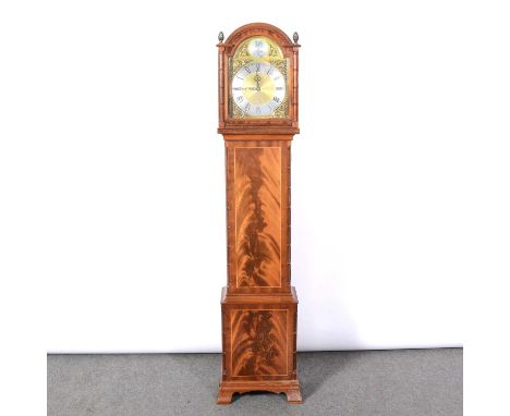 Modern mahogany grandmother clock, arched hood with glazed door, splayed bracket feet, 25cm arched brass dial, German movemen