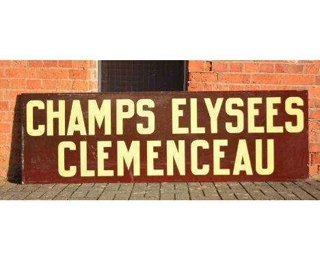 Very large original French railway station enamel sign 'Champs Elysees - Clemenceau', brown ground, pale yellow text, 70cm by