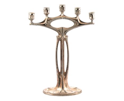 WMF, attributed, a large Jugendstil/ Art Nouveau silvered metal five-light candelabra, flattened form with pierced sinuous co