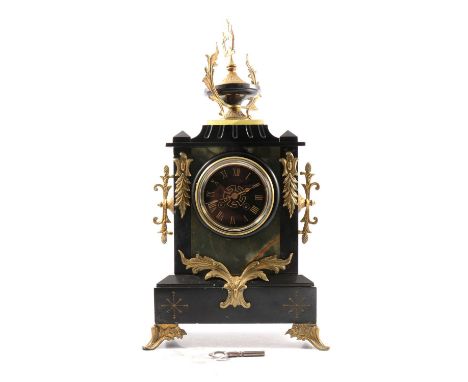 French 19th century black slate, marble and onyx mantel clock, signed G Philippe Palais Royal, the drum movement striking on 