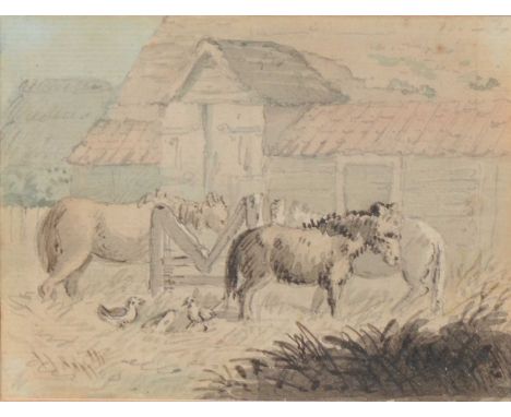 Follower of Sam Prout, Gate Tower, ink and wash drawing, 21x26cm; a watercolour of farm animals; and a pencil drawing of a wi