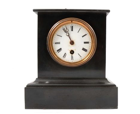 Victorian slate mantel clock, rectangular, enamelled dial, French cylinder movement, timepiece only, with pendulum and key, h