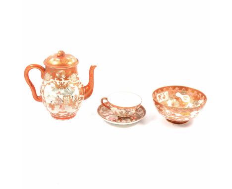 Japanese porcelain part tea service, panelled decoration, predominantly iron-red ground, some damages.